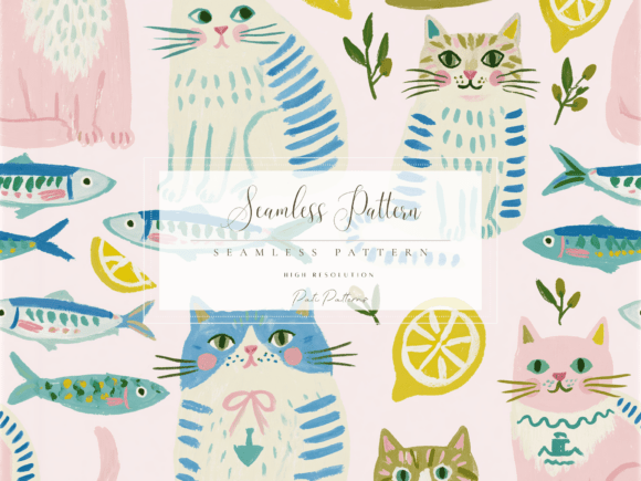 Download Cute Pastel Cat Seamless Pattern with Fish and Lemons - Premium Resources