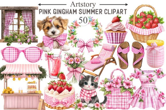 Download Bohemian Pink Gingham Summer Clipart - Ink Collection
